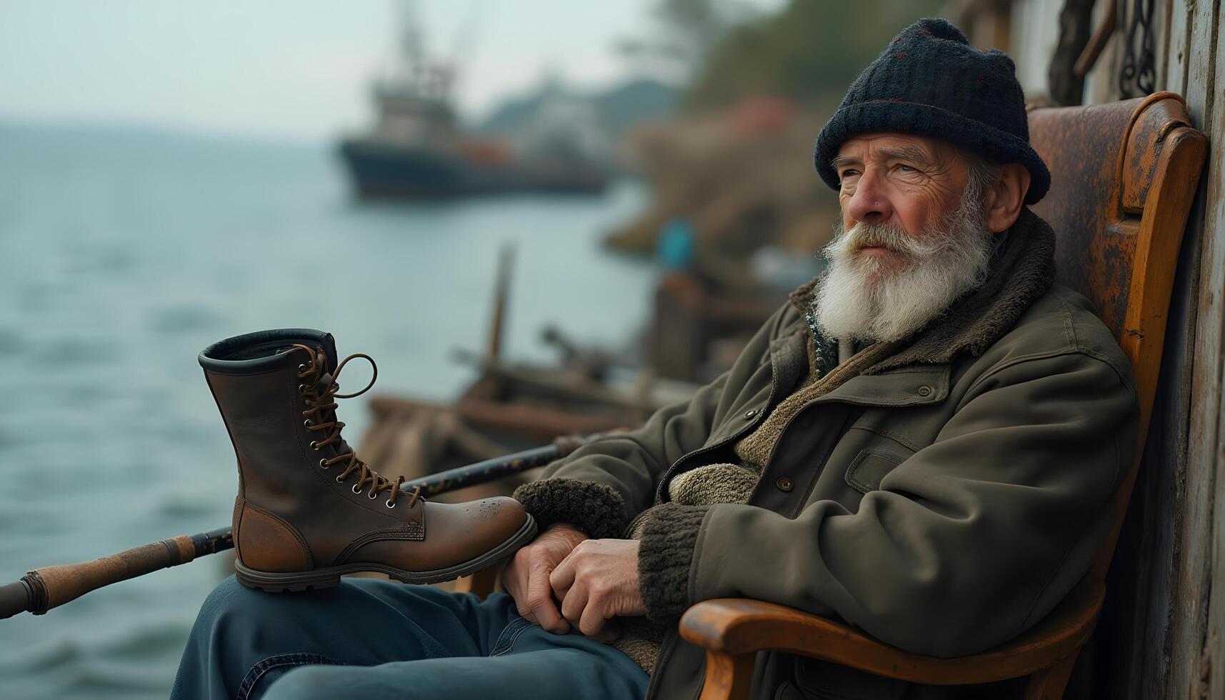 An old man sitting in a chair near the water with a boot photo