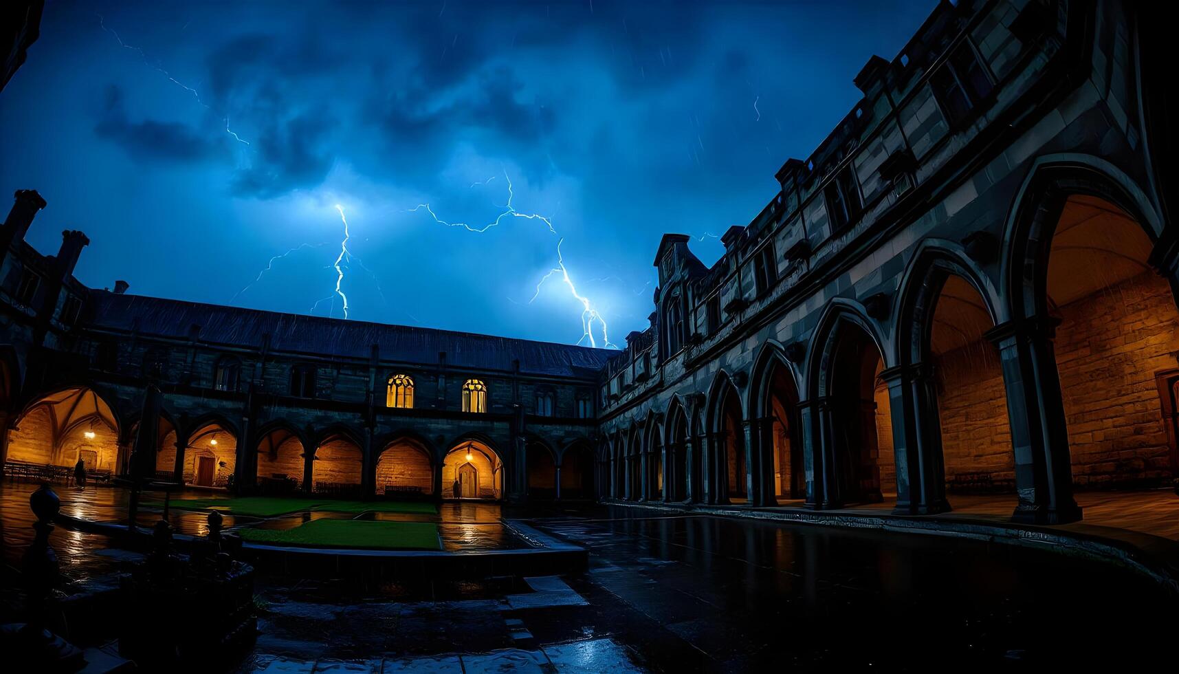A lightning bolt is seen in the sky over a courtyard photo