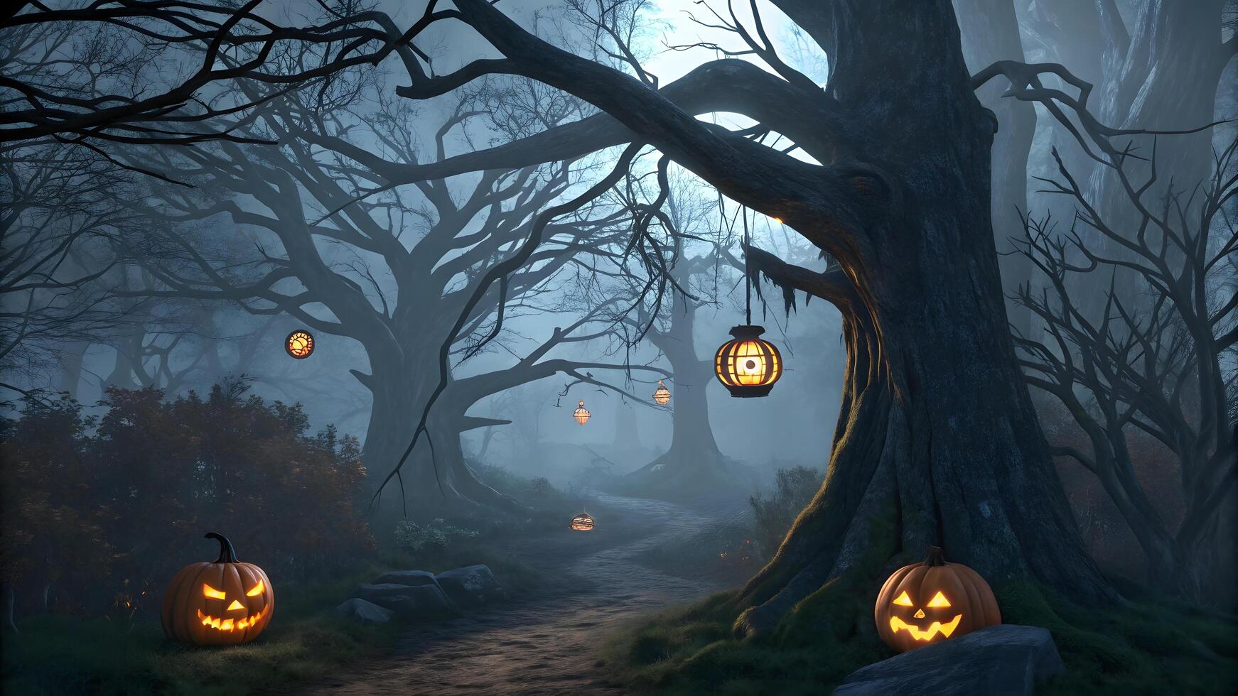 Halloween lanterns in the forest with pumpkins photo