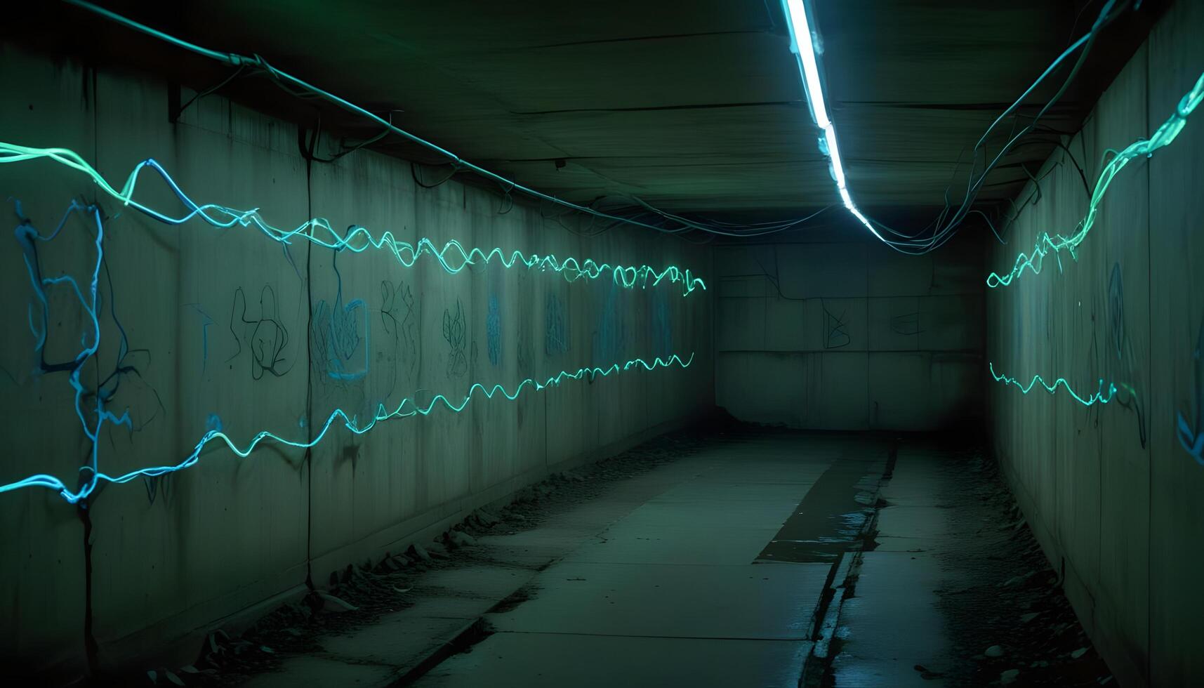 A long hallway with neon lights and graffiti photo