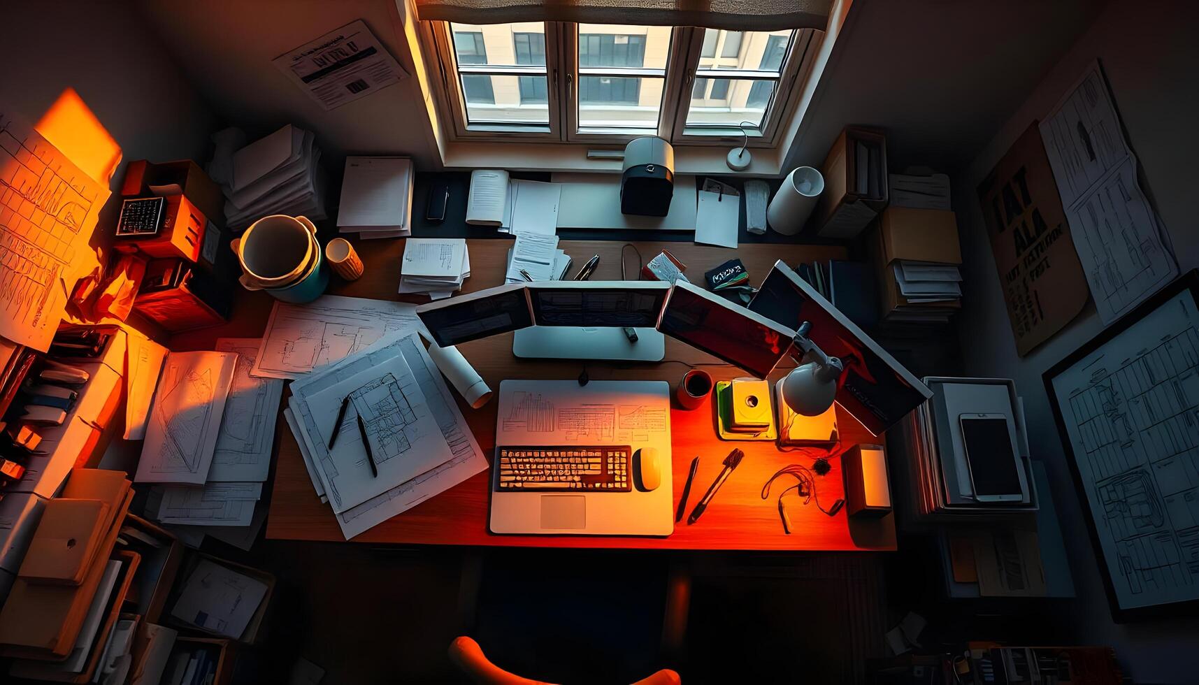 A desk with a laptop and papers on it photo