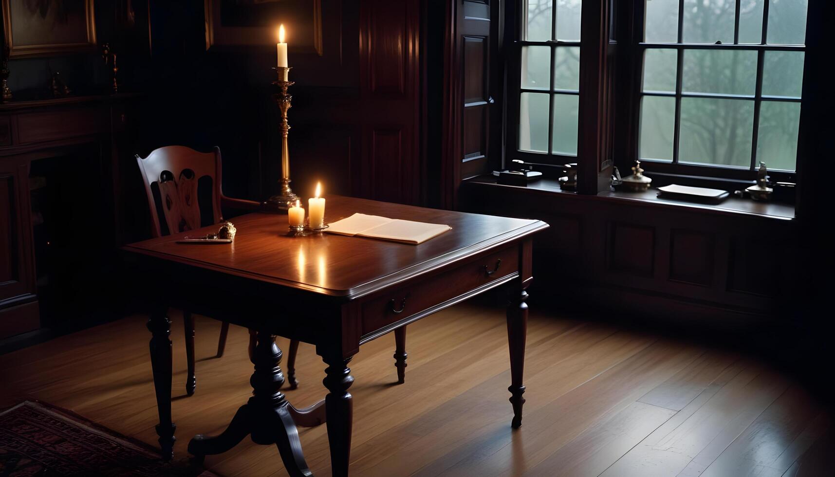A desk with a candle on it and a chair photo