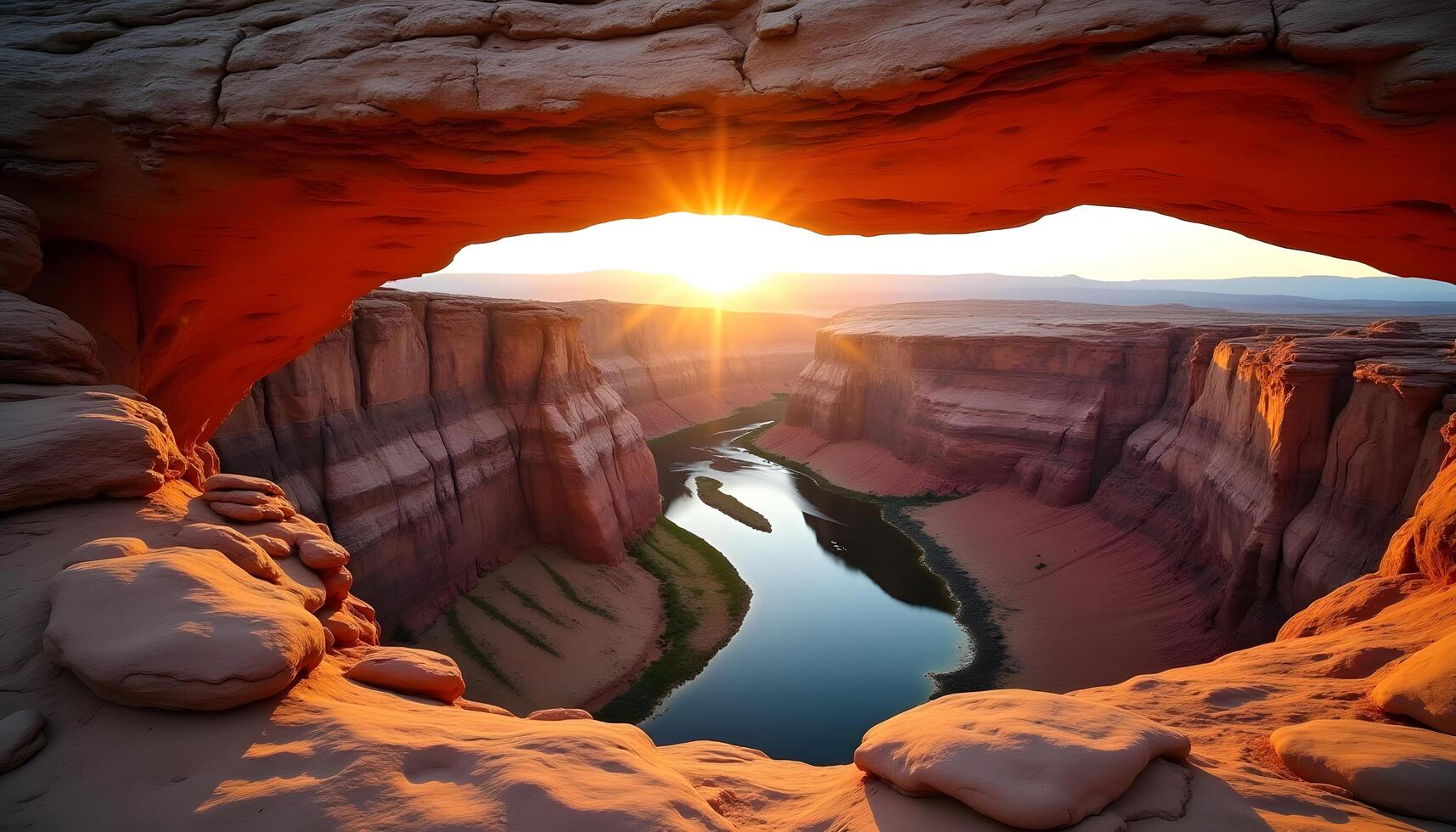 The sun is setting over a canyon with a river photo