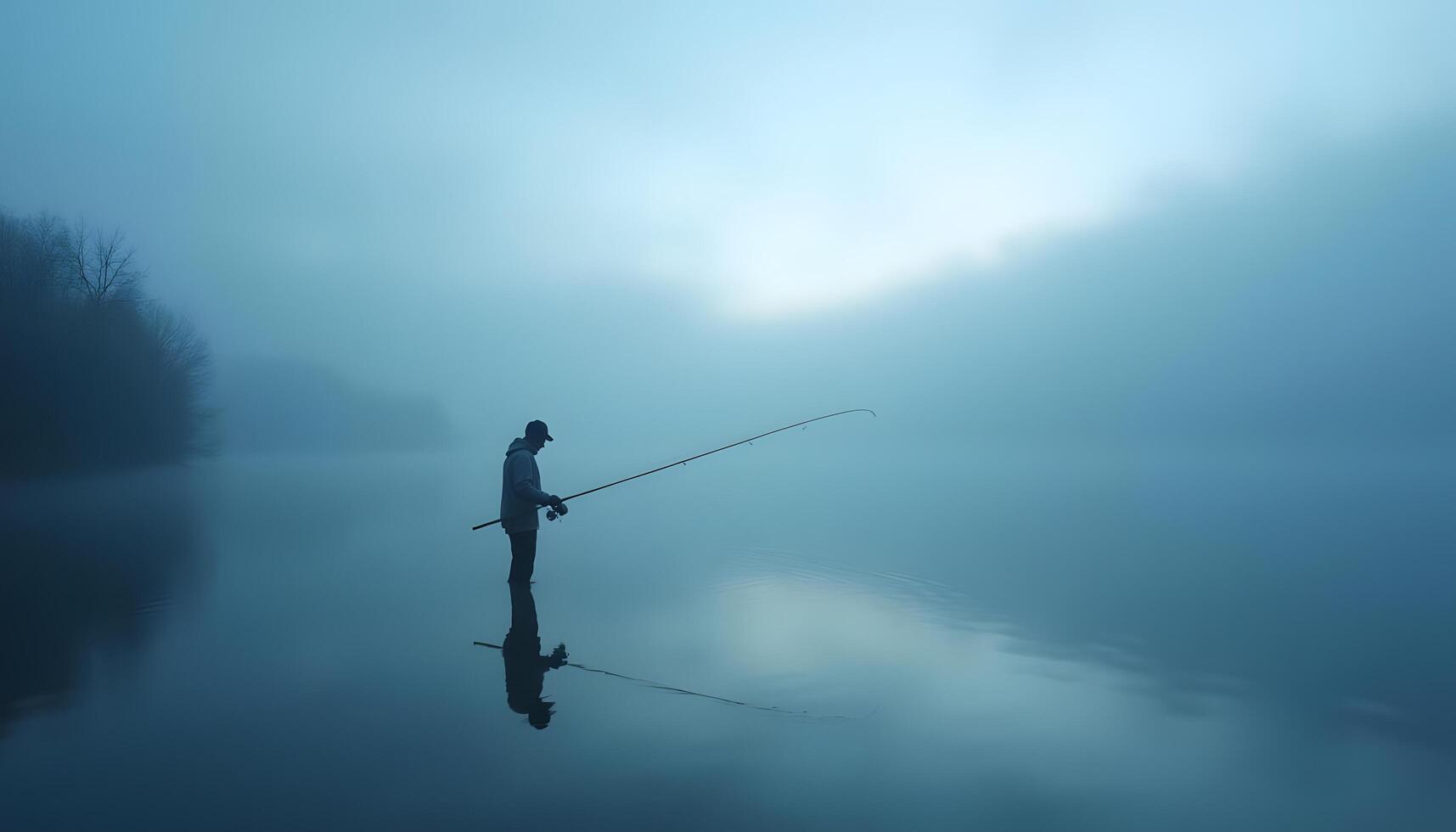 Serene Early Morning Fishing in a Misty Lake Landscape photo