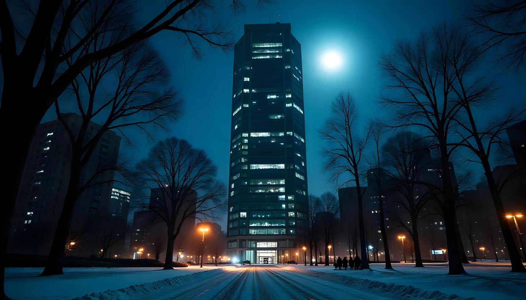 A tall building in the middle of a snowy park photo