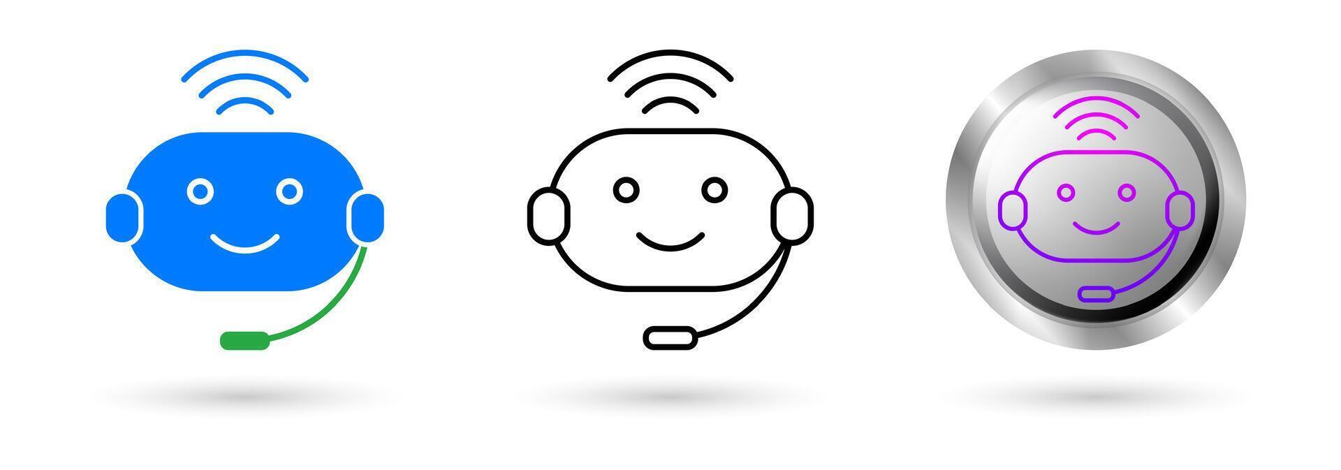 Modern Chatbot icons present automation technology in customer service, Available in various styles, including outline, solid, and glossy effects, ideal for helpdesk software etc. vector