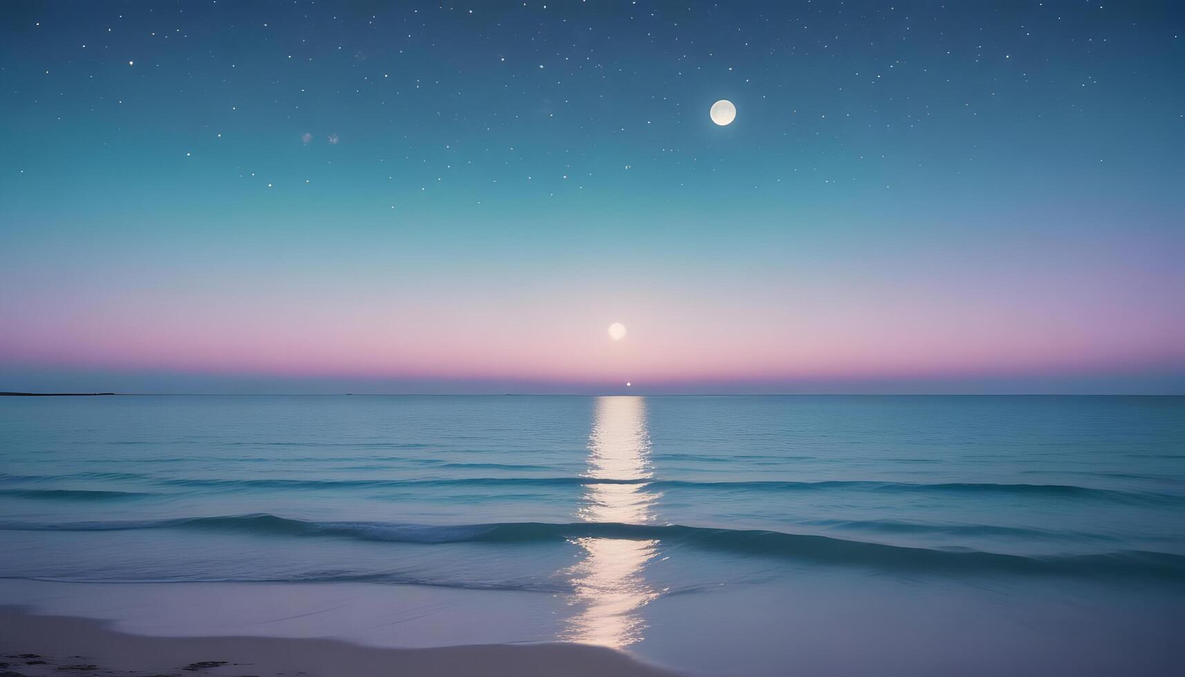A beautiful sunset over the ocean with a moon and stars photo