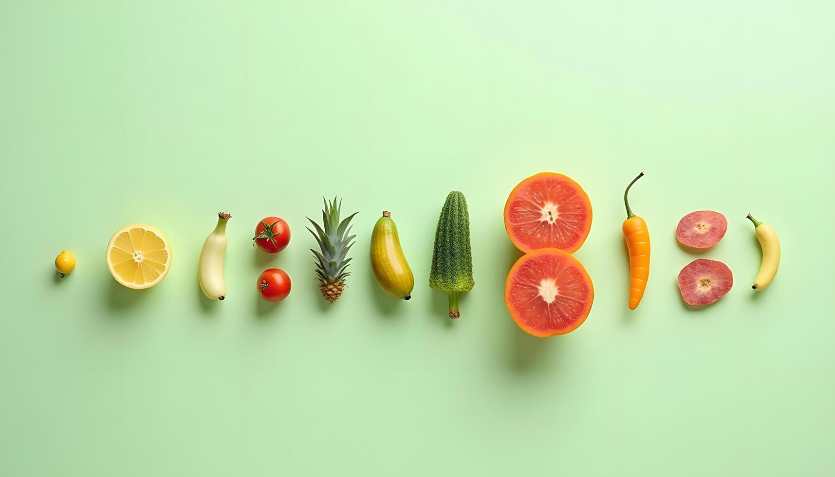 A group of fruits and vegetables arranged in a line photo