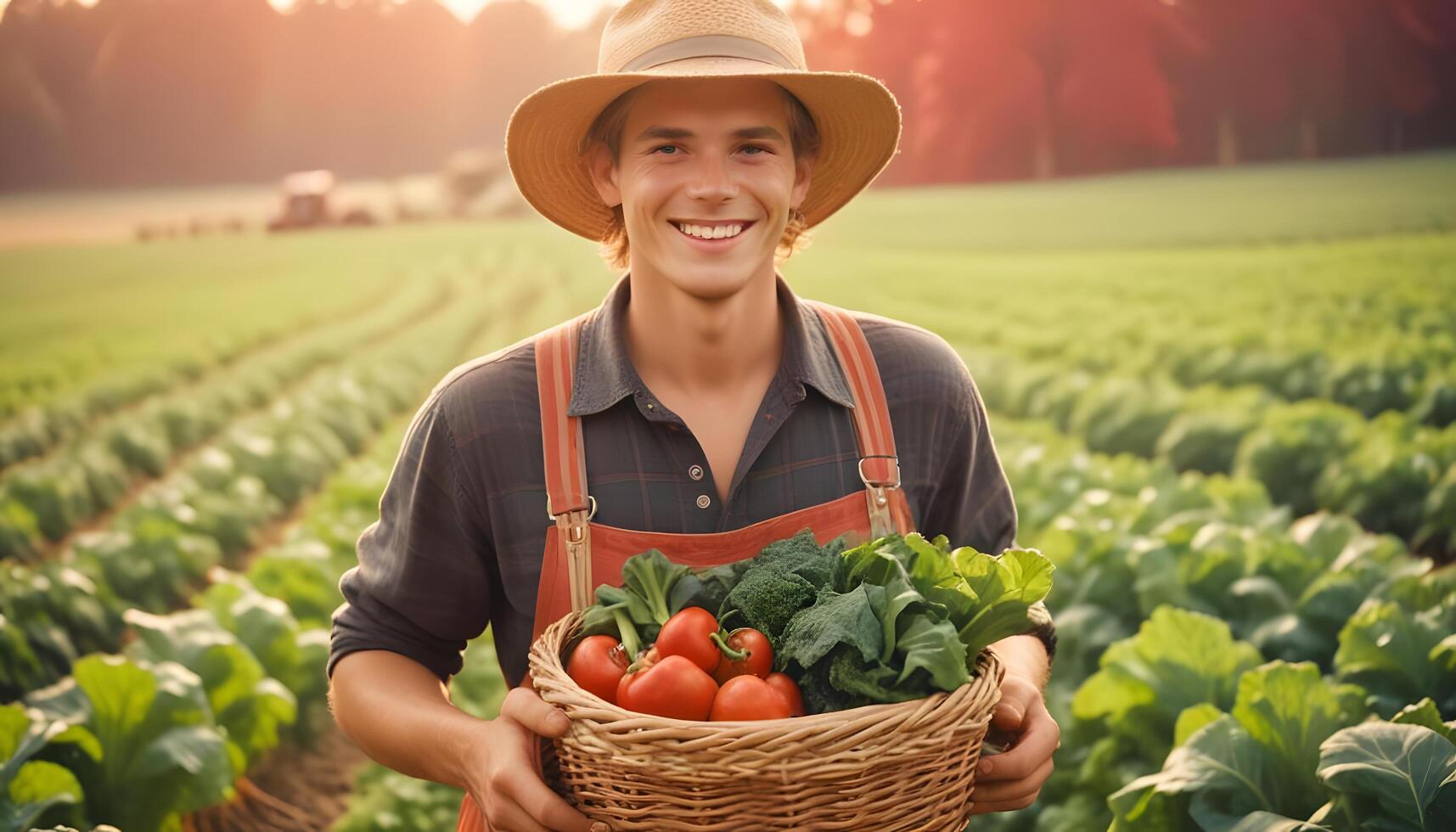 A smiling man holding a basket of vegetables in a field photo
