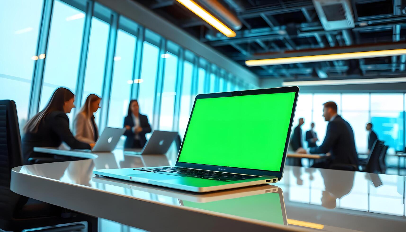 Laptop with green screen on table in office photo