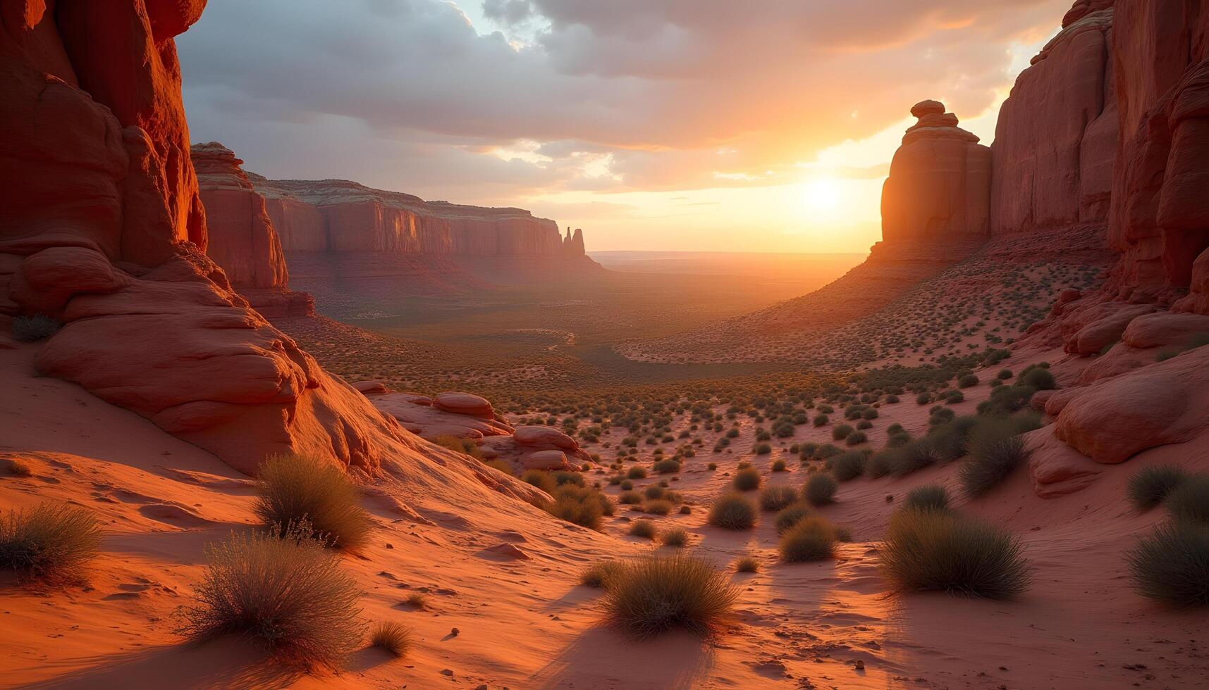 The sun is setting over a canyon in the desert photo