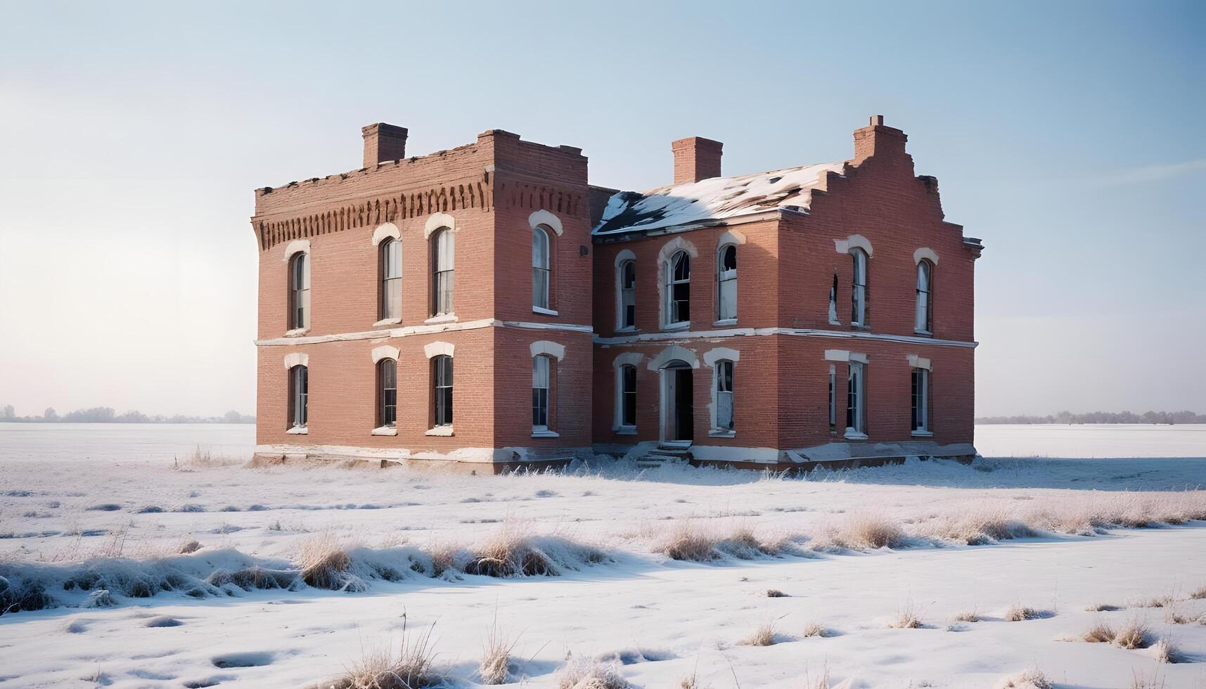 An old brick building sits in the middle of a snowy field photo