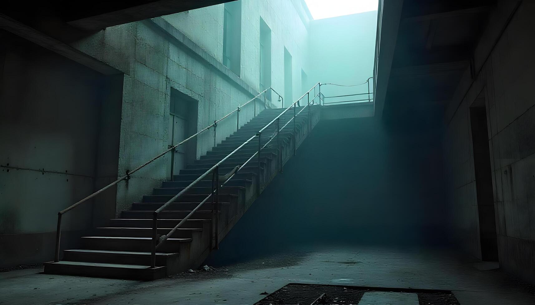 A dark hallway with stairs leading to the sky photo