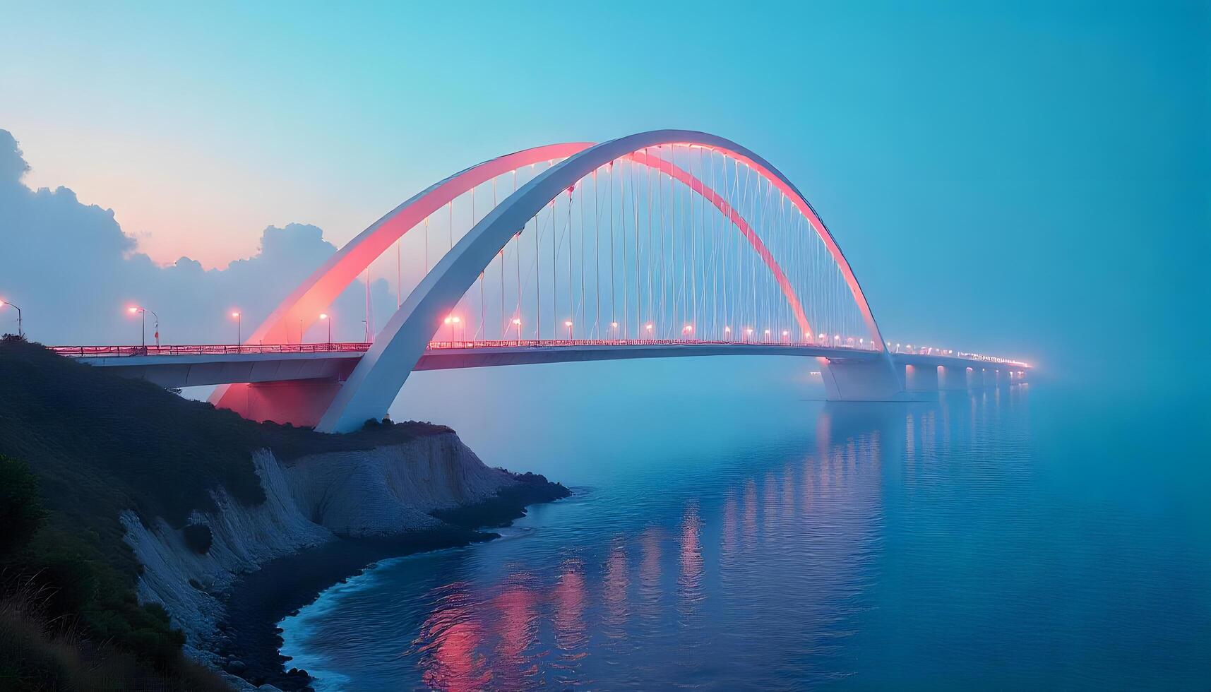A bridge spanning over the ocean at dusk photo