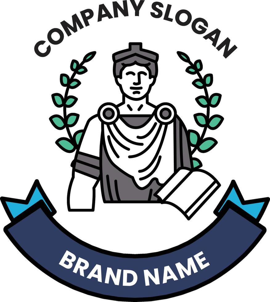 A logo for a company with a man in a toga and a book vector