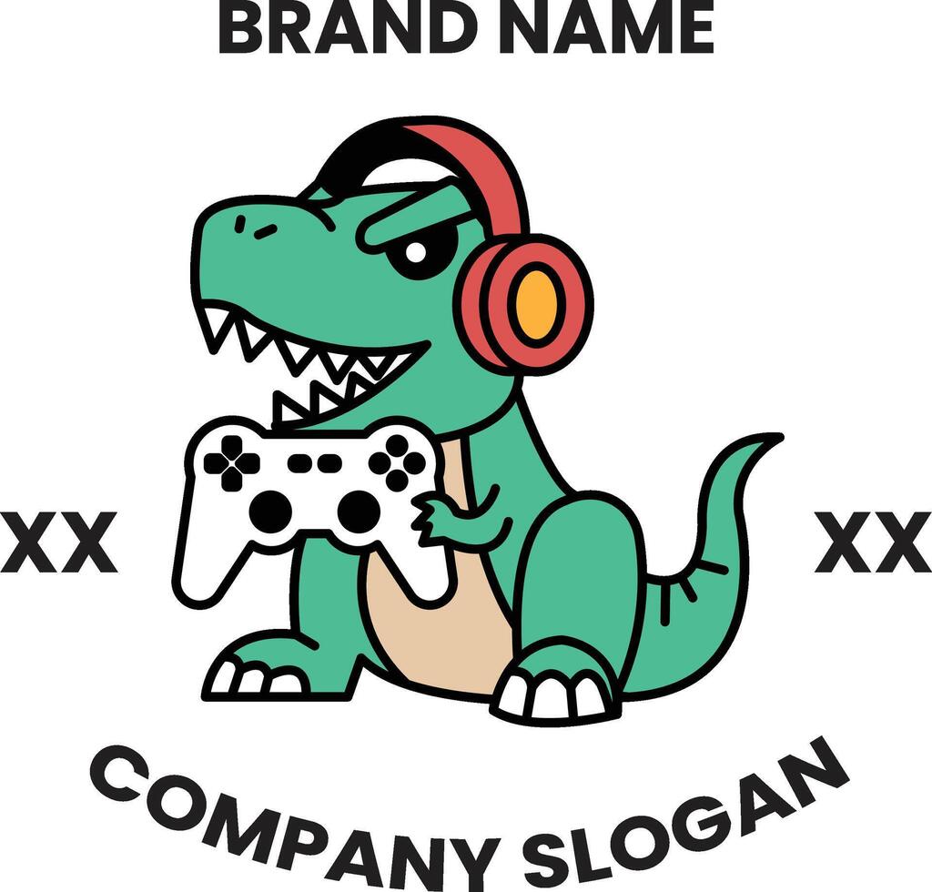 A green dinosaur with a red head and headphones holding a game controller vector