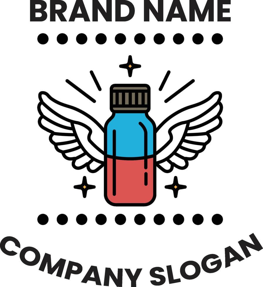 A bottle with a blue and red cap with wings on it vector