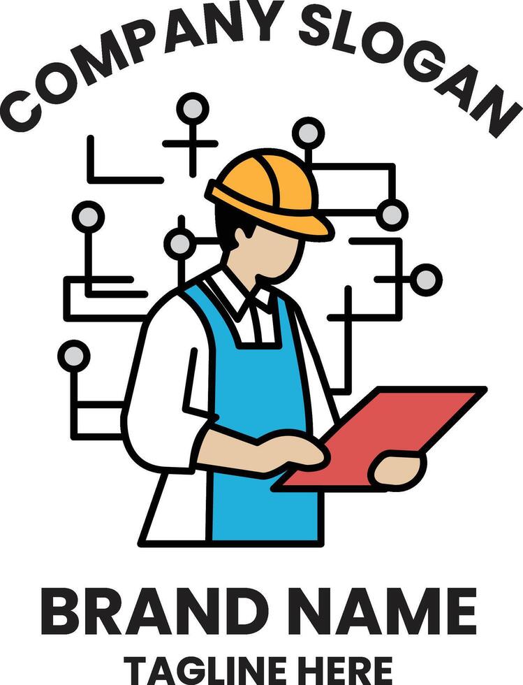 A man in a blue apron is holding a red piece of paper vector