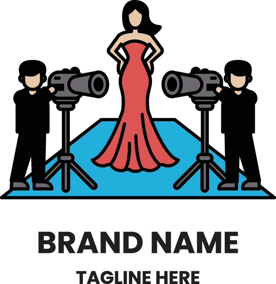 A woman in a red dress is being photographed by two men vector
