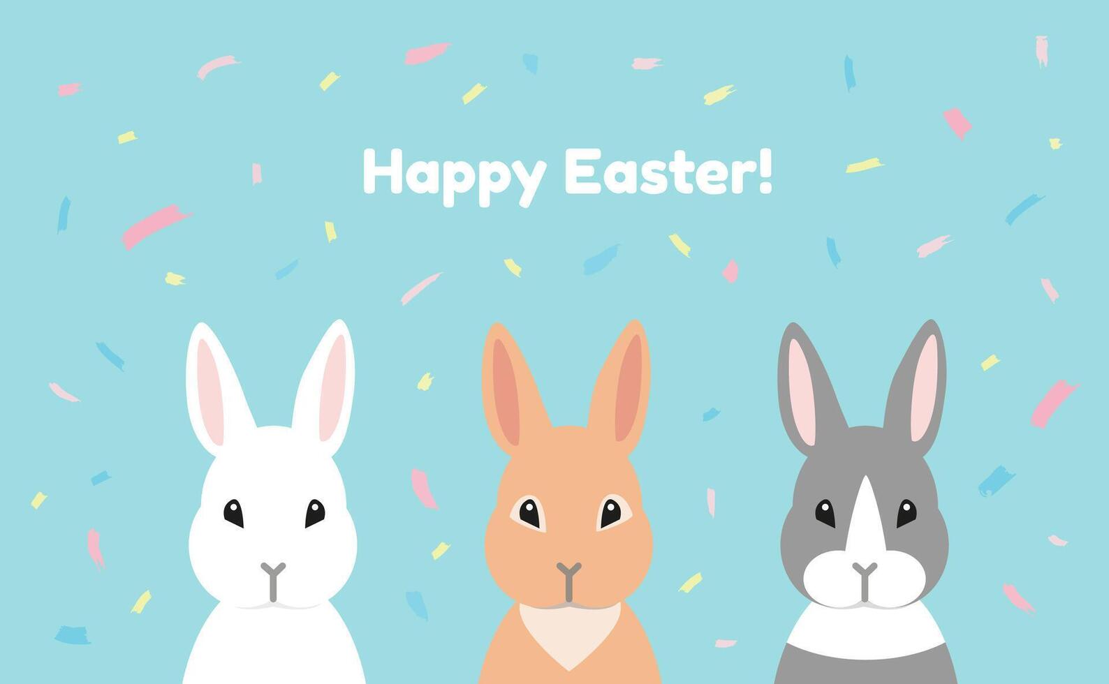 Easter greeting card with cute rabbits illustration on abstract blue background with trendy brush strokes vector
