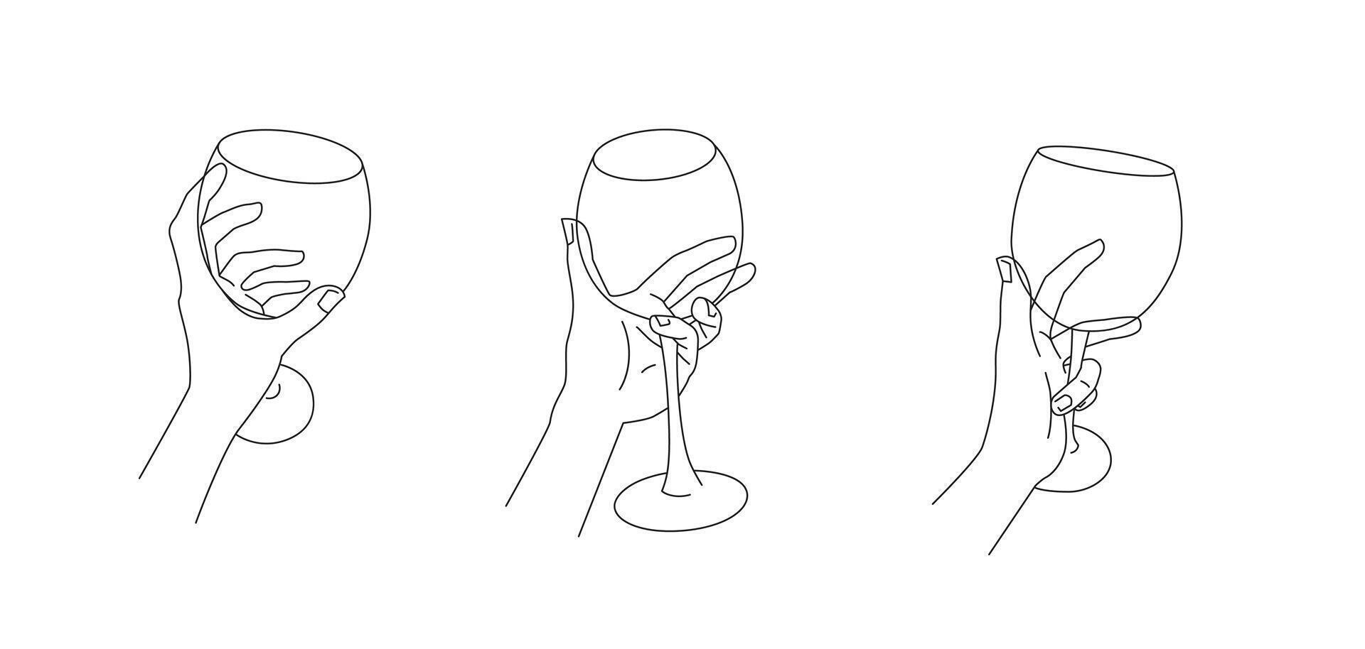 Set of hands with wineglass in minimalist style. Wine tasting graphic linear illustration. Line art with glass on white background vector