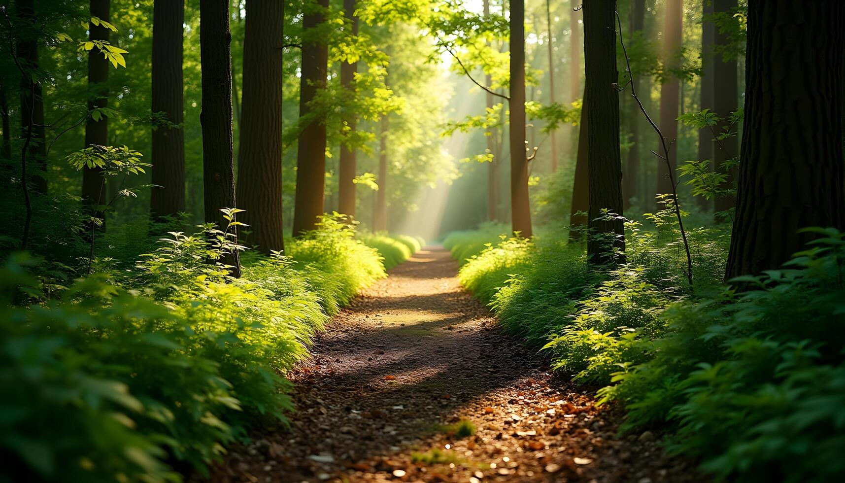 Path in the forest with sunlight shining through the trees photo