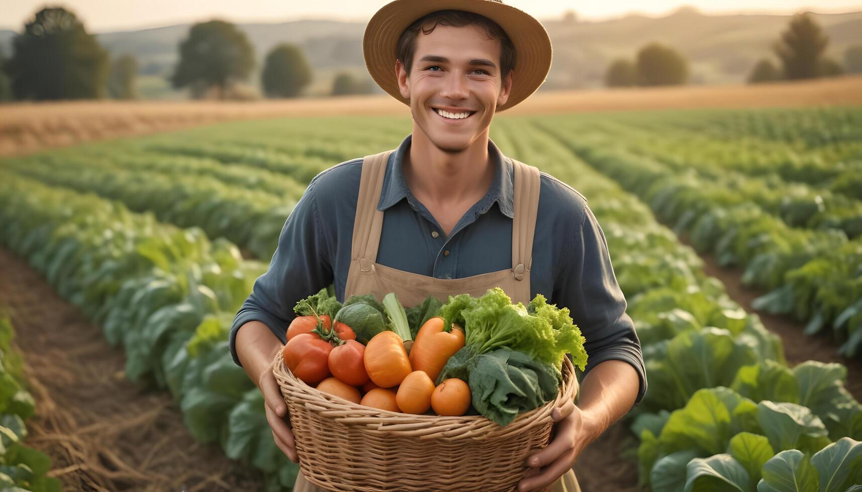 A smiling man holding a basket of vegetables in a field photo