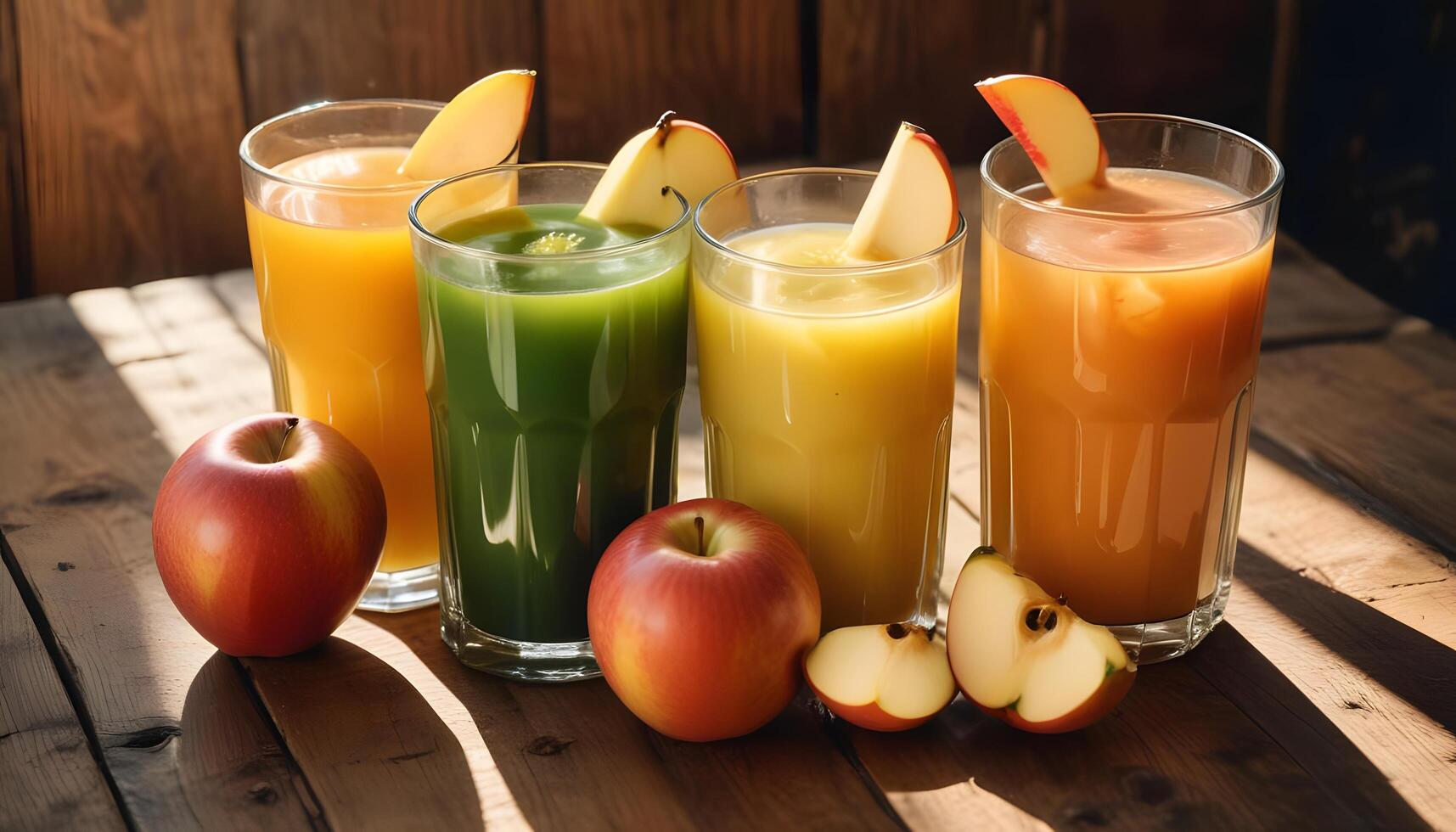Five glasses of juice with apples and oranges photo