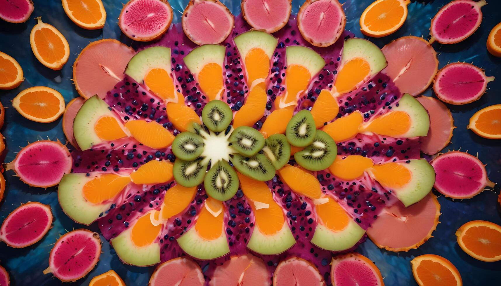 A circular arrangement of sliced fruit on a blue background photo