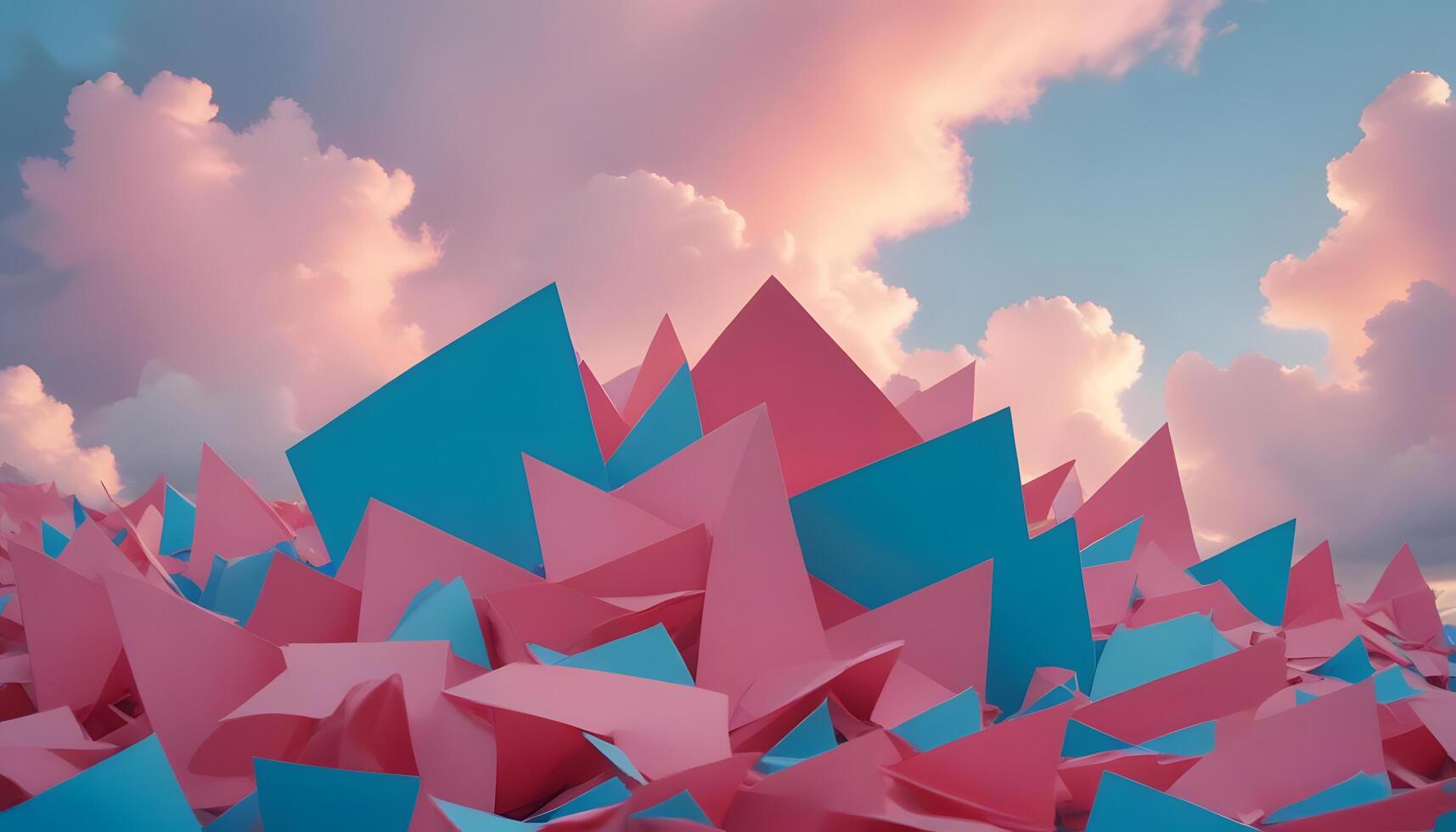A pink and blue pile of paper with clouds in the background photo