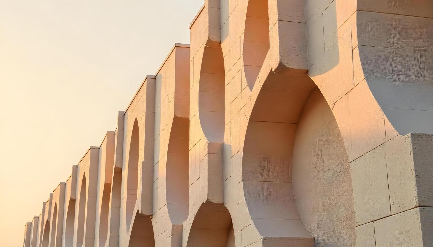 The sun is setting on a building with curved walls photo