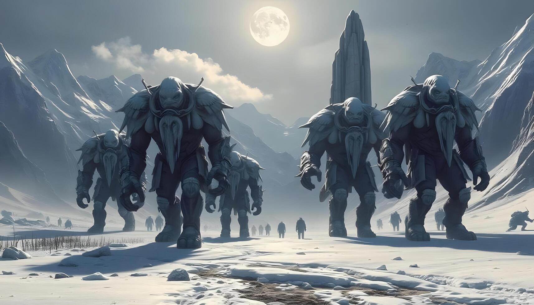 A group of aliens walking in the snow photo