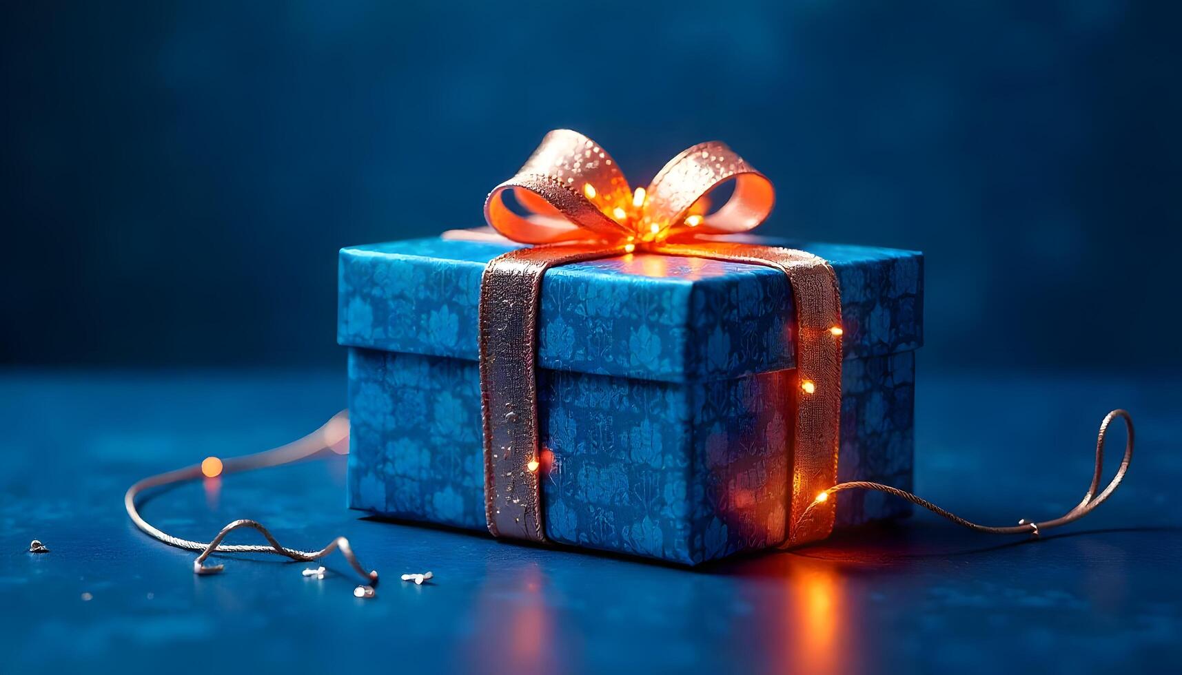 A blue gift box with a ribbon and a light photo