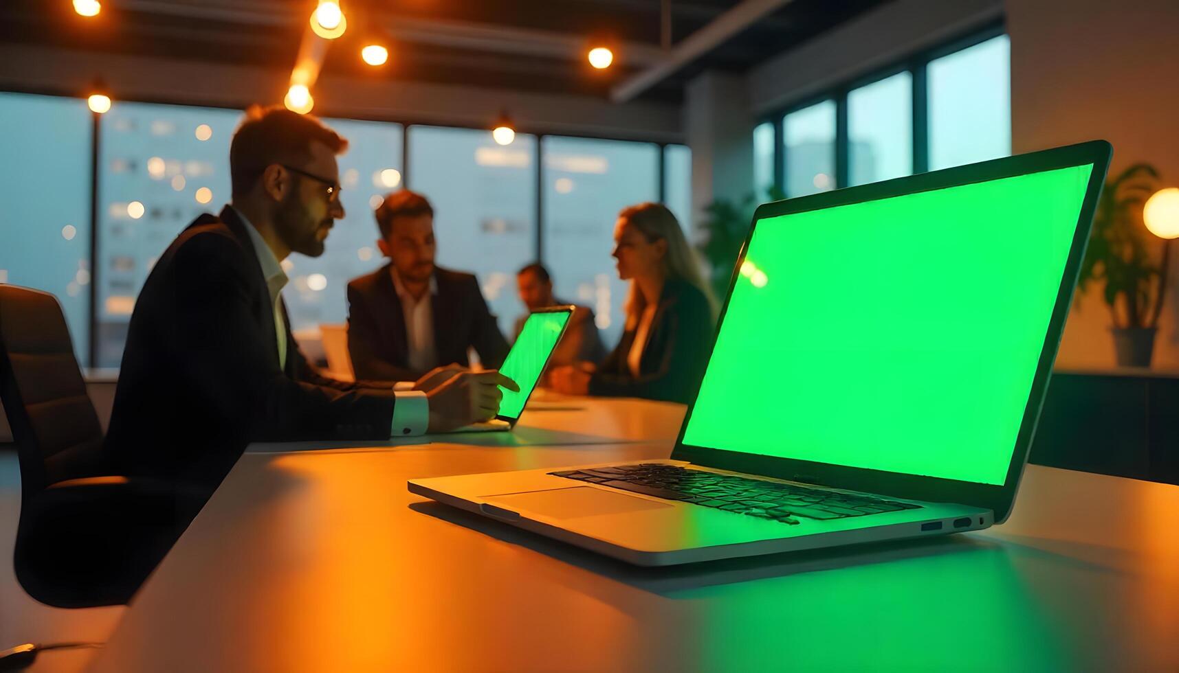 Business people working on laptops with green screen photo
