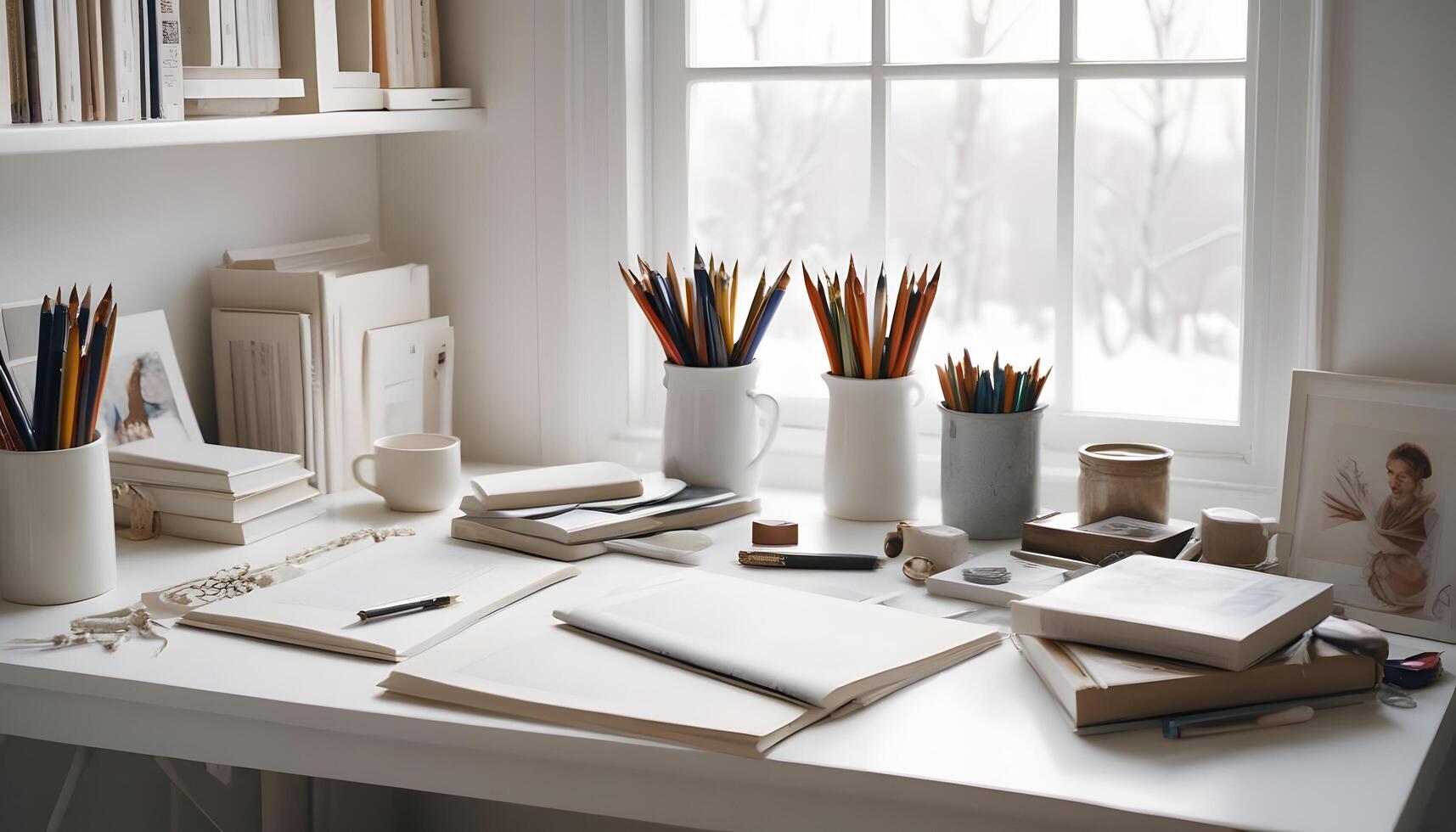 A desk with a white table and a bunch of books and pens photo