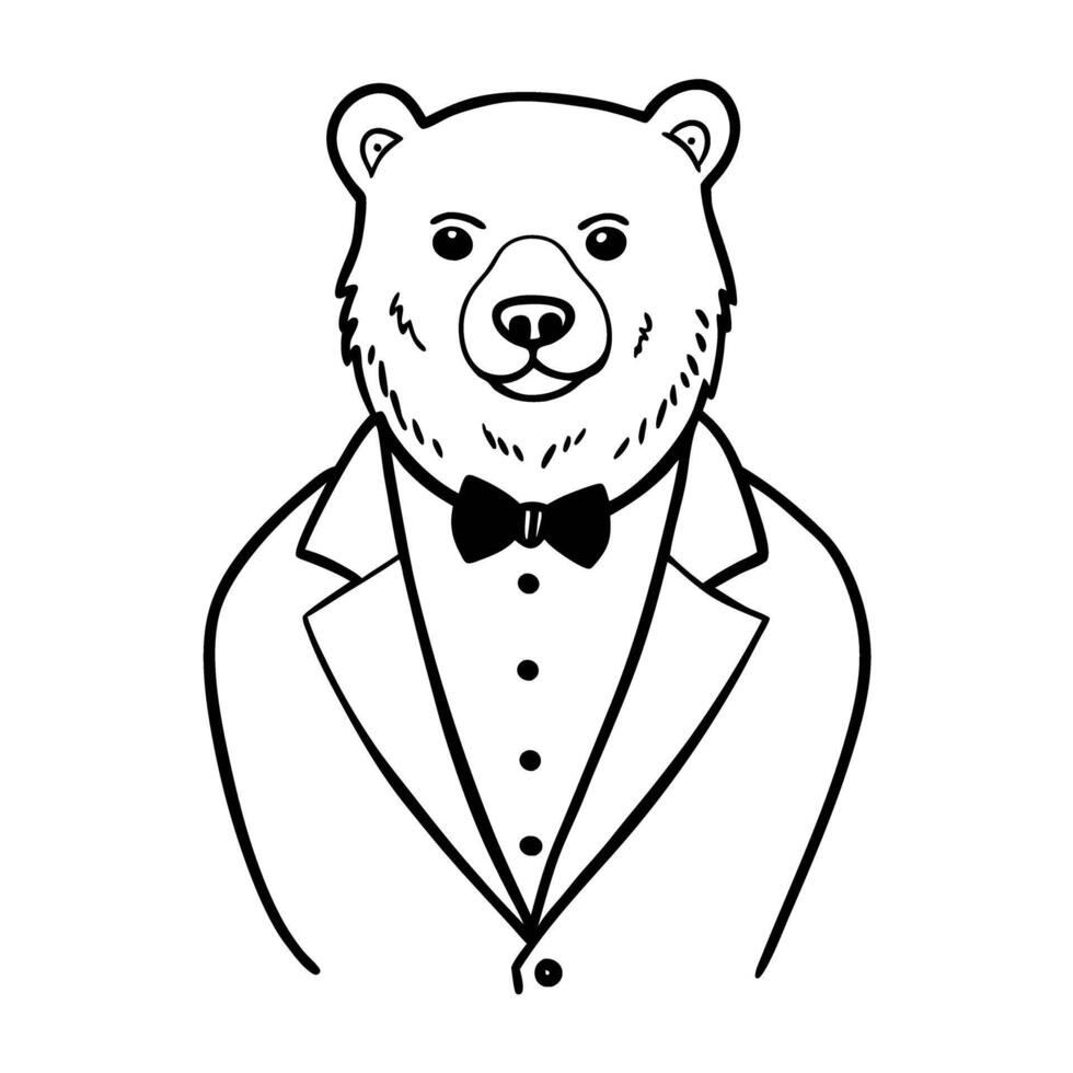 Bear in a tuxedo formal dress with bow tie hand drawn animal illustration, monochrome vector