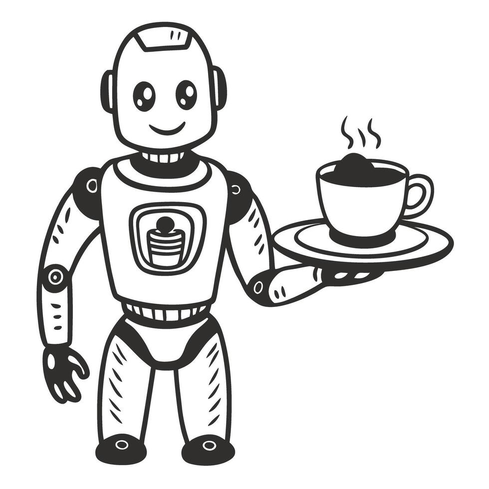 Friendly robot serving coffee smiling robotic waiter holding cup futuristic technology and hospitality concept vector