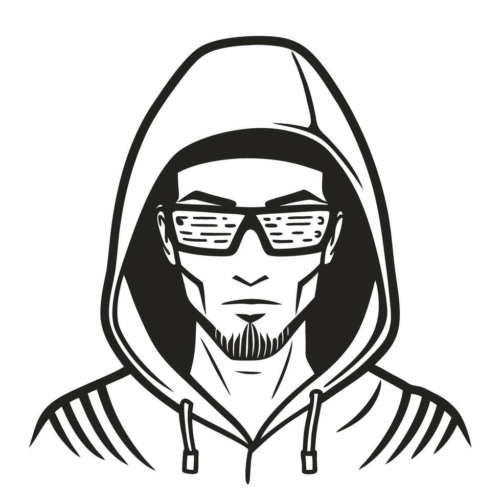 stylish hoodie clad hacker in sunglasses monochrome portrait, cyber security, digital anonymity concept vector