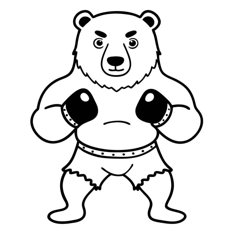 bear boxer in fighting stance black and white illustration of strong animal character in shorts and gloves vector