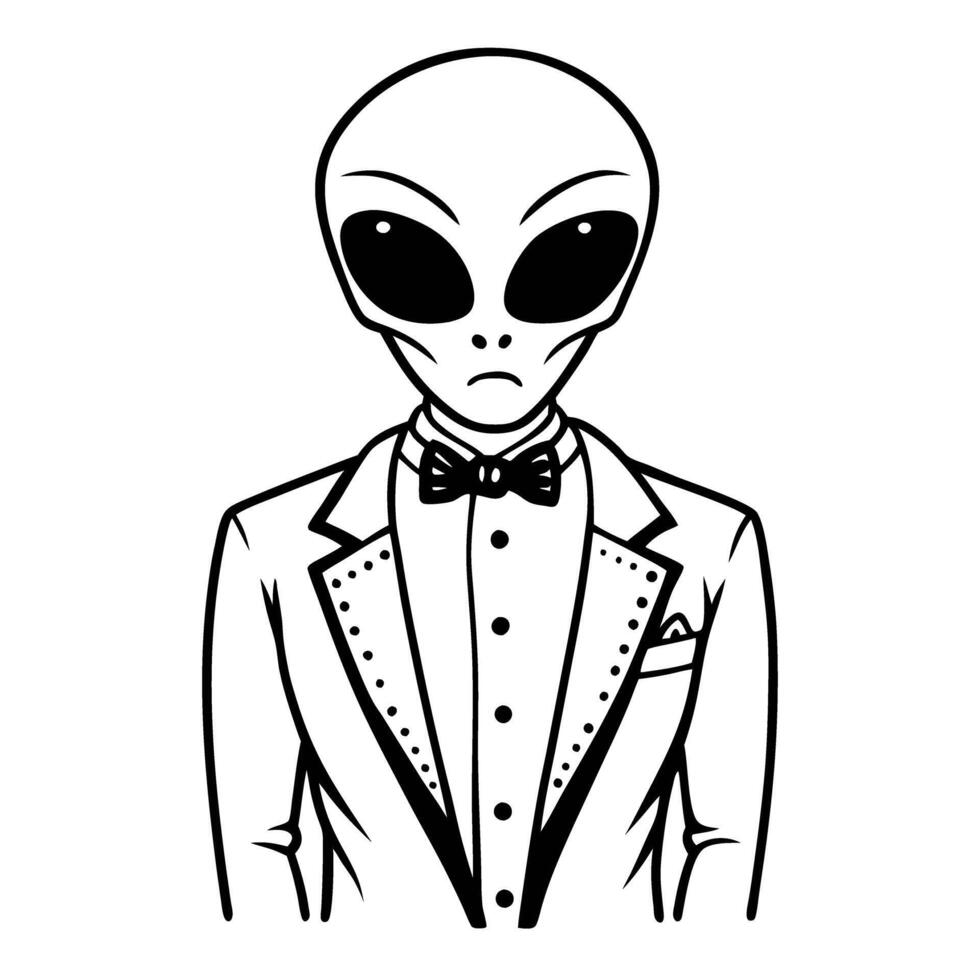 alien in tuxedo formal extraterrestrial, black and white illustration unusual being in suit and bow tie vector