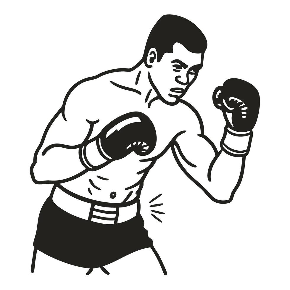 Boxer in defensive pose with gloves, illustration of athlete ready for match vector