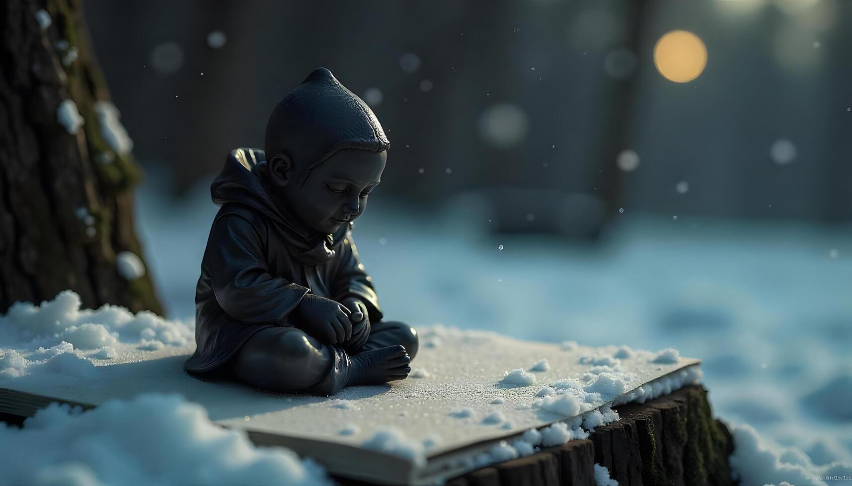 A statue of a baby sitting on a bench in the snow photo