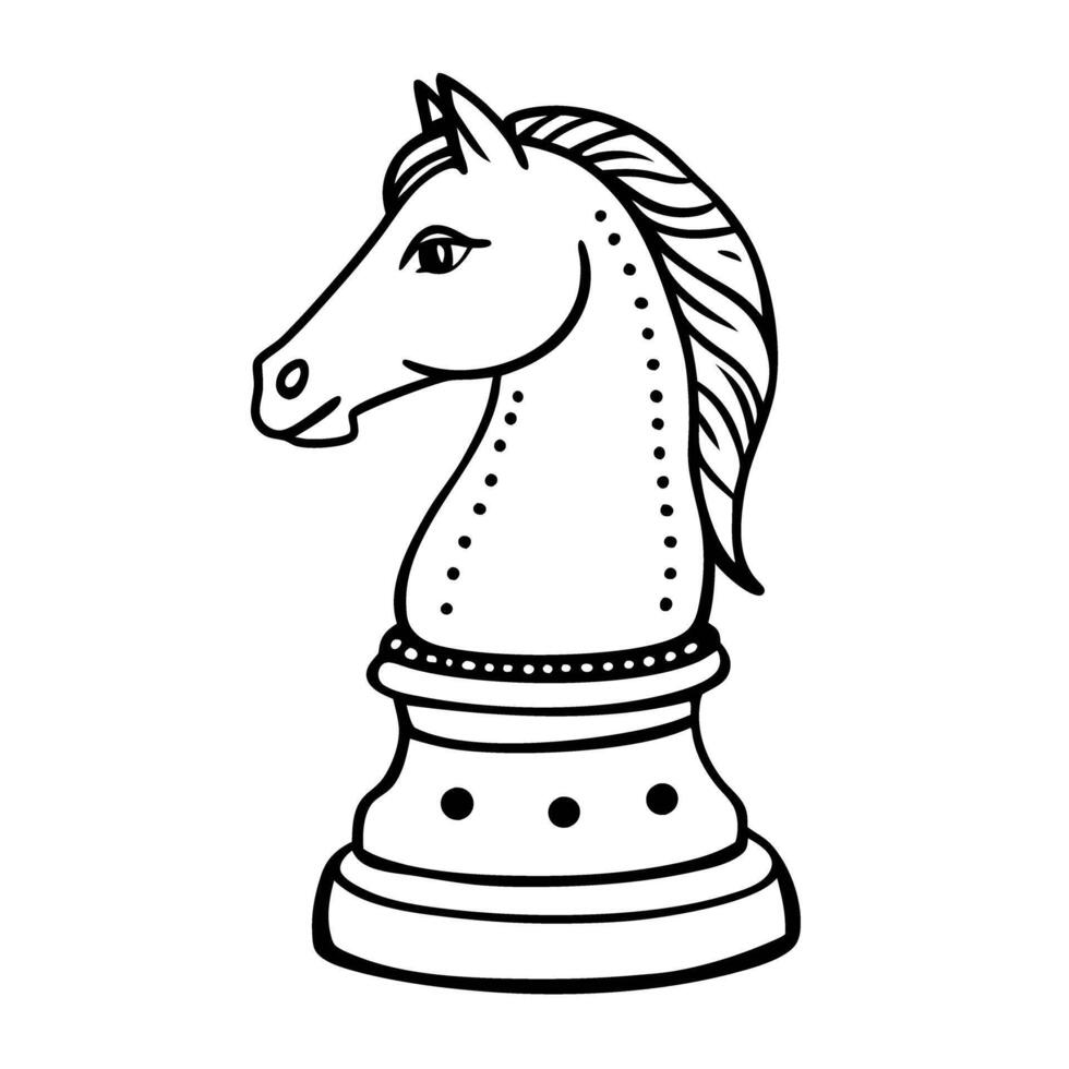Chess knight piece silhouette horse head symbol strategic game icon, black line illustration vector