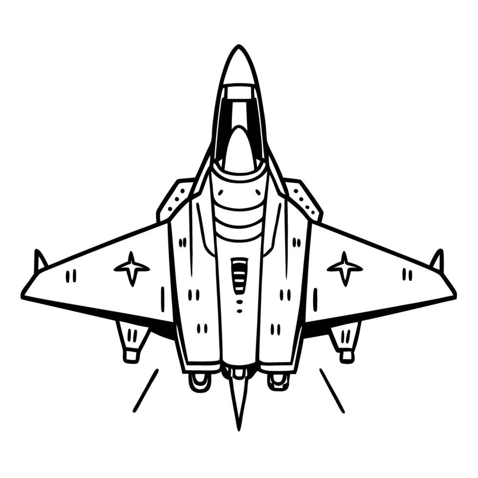 black and white fighter jet illustration military aircraft design in detailed line art form top view of tactical transport plane vector