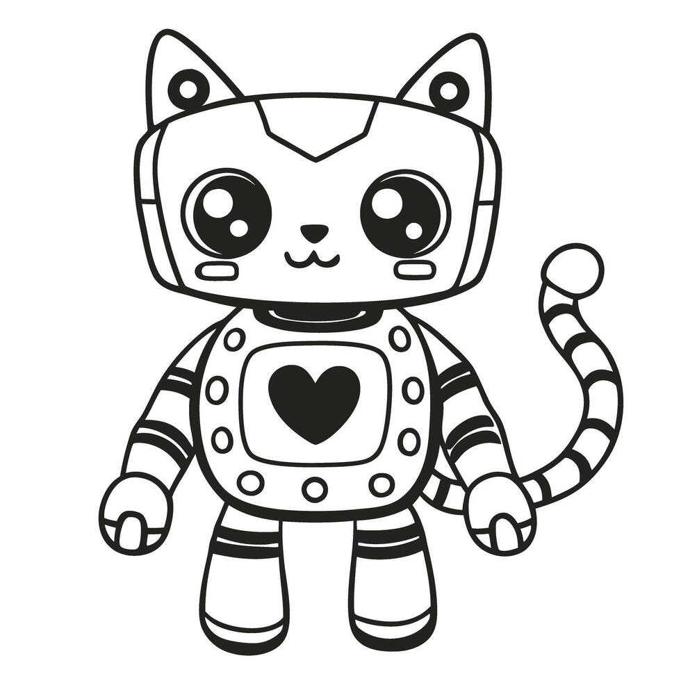 Cute robotic cat with heart symbol, black and white illustration vector
