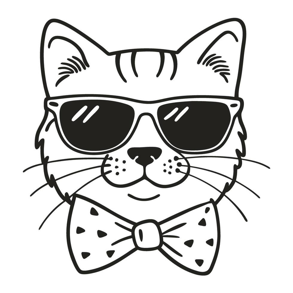 cool cat with sunglasses and bow tie in black and white line art stylish feline illustration vector
