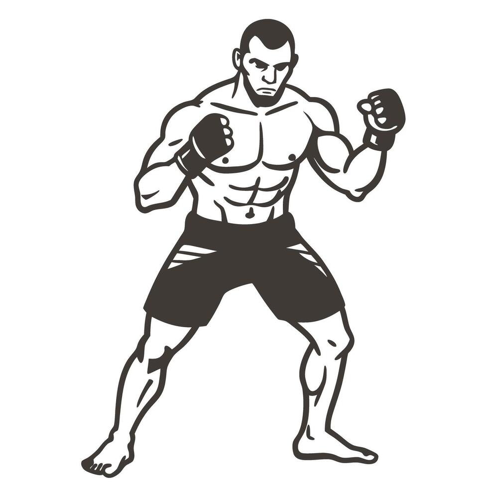 Boxing fighter in fighting stance muscular athlete ready for combat in martial arts, black and white illustration vector