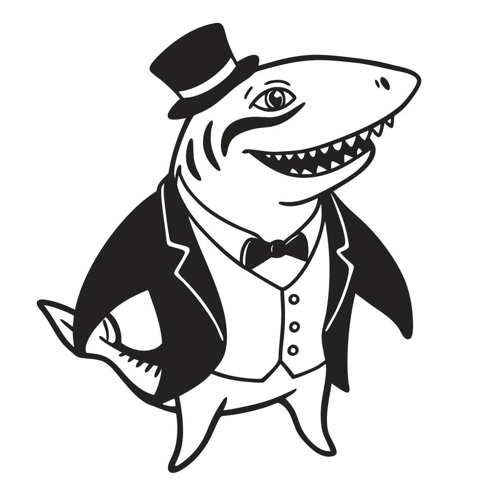 dapper shark elegant shark with top hat and tuxedo illustration anthropomorphic marine creature, formal attire, unique character concept vector