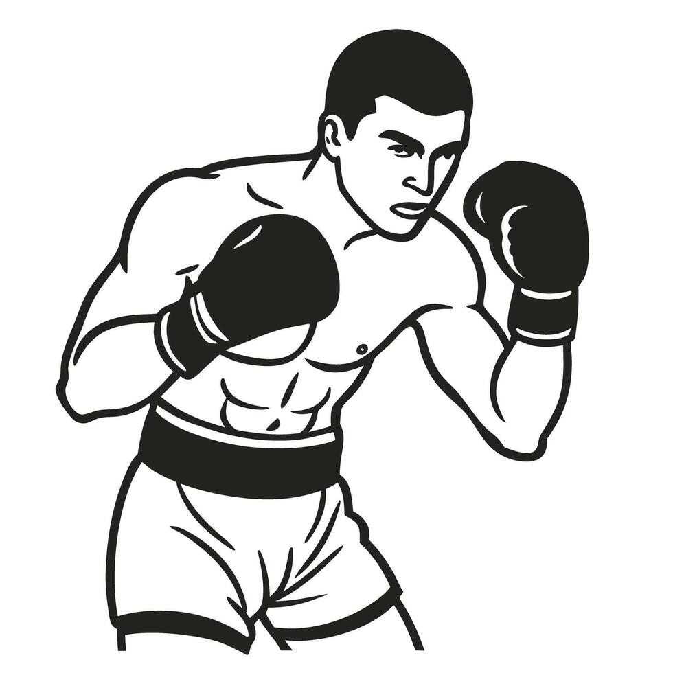Boxer in fighting stance, determined expression retro black and white illustration of a determined fighter vector