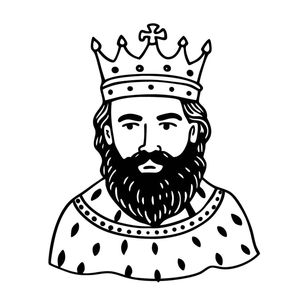 Medieval king illustration with crown and robe monochrome line art of royal figure, regal attire, historical depiction vector